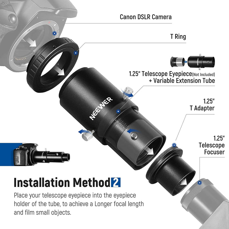  [AUSTRALIA] - NEEWER 1.25” Variable Telescope Camera Adapter & 1.25" Extension Tube Kit, Compatible with Canon DSLR Cameras & Telescope Eyepiece for Prime Focus and Eyepiece Projection Astrophotography