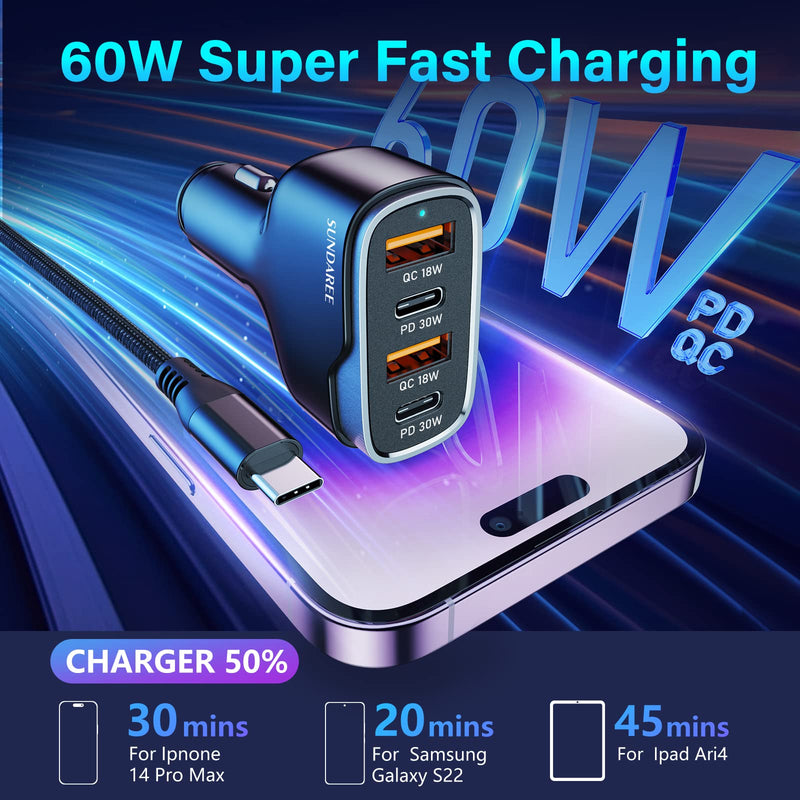  [AUSTRALIA] - Car Phone Charger, SUNDAREE 60W 4 Ports USB c Car Charger Fast Charging Cigarette Lighter Adapter, Dual QC 3.0 18W & PD 30W Charger Compatible with iPhone 14 13 12 11 Pro, Samsung Black