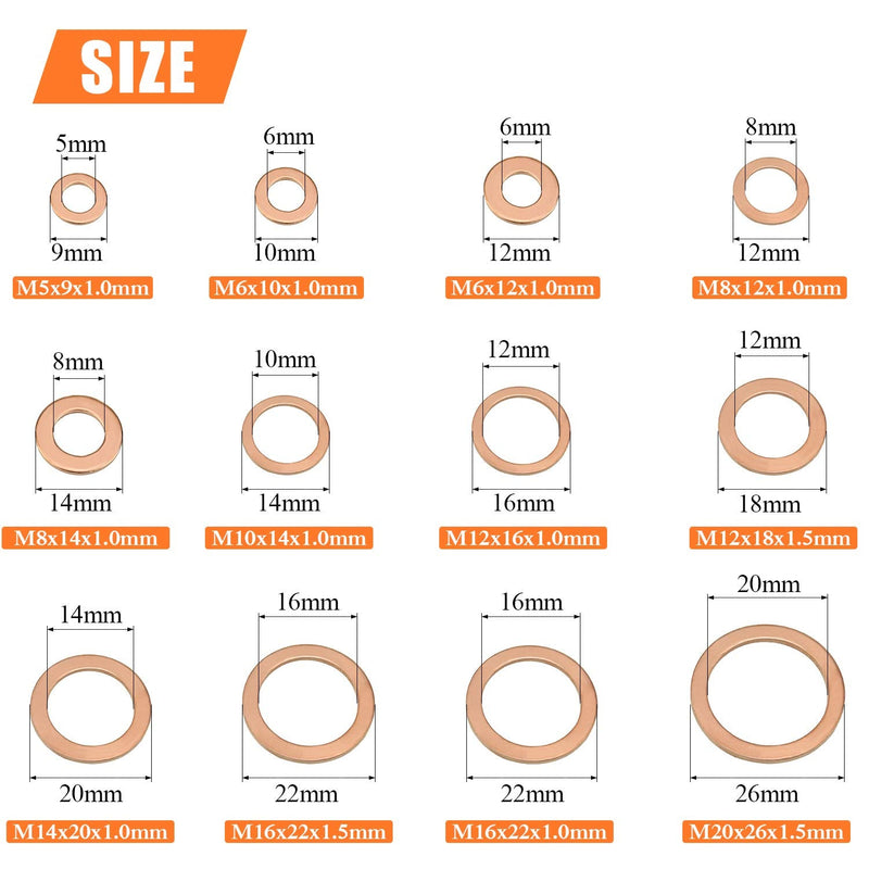  [AUSTRALIA] - Copper Washer Assortment Set, HELIFOUNER 300 Pieces 12 Sizes Copper Metric Sealing Washers Kit Copper Washers Set