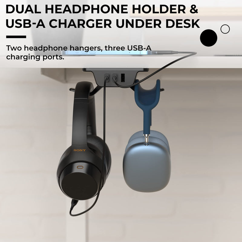  [AUSTRALIA] - HumanCentric Hook and Charge Headphone Hanger with USB Charger, Under Desk Headphone Mount + Headphone Stand, Charge Accessories with 3 USB A Ports, Hook Headphones on Headset Holder Desk Hook, Black