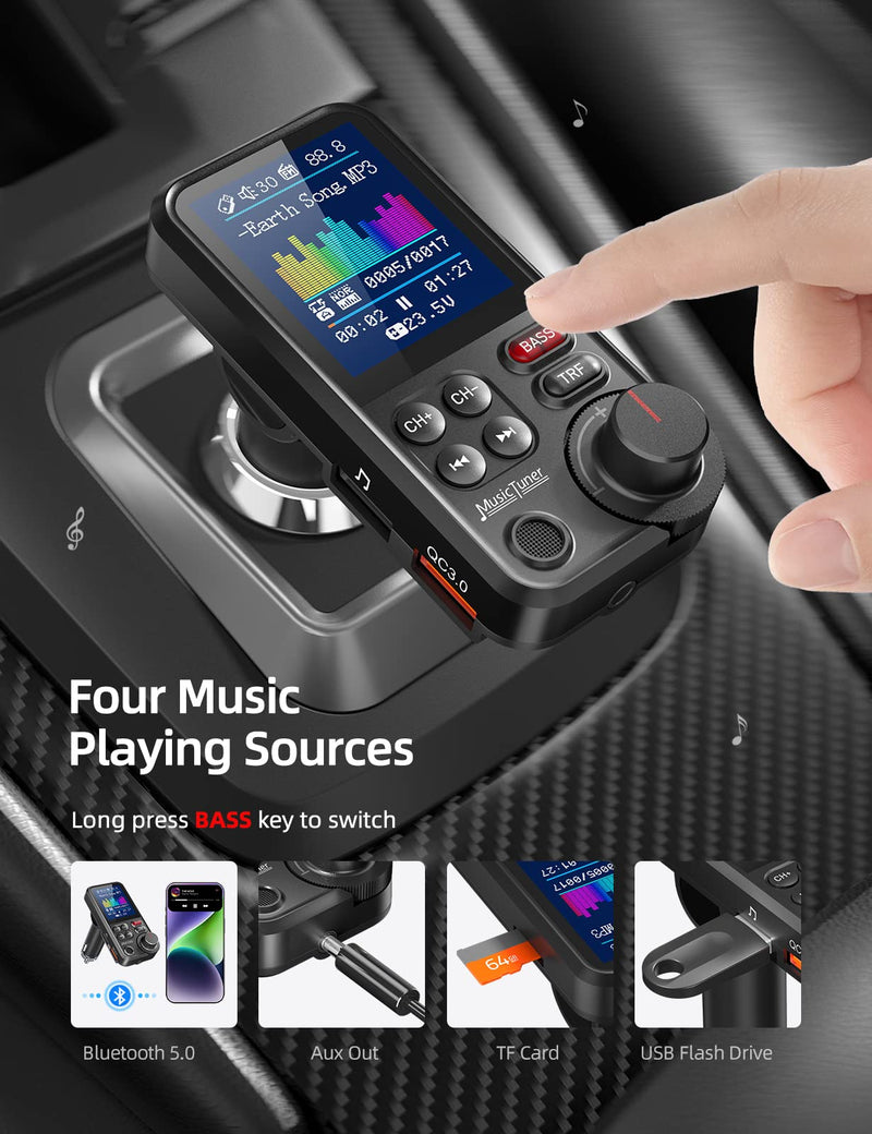  [AUSTRALIA] - Nulaxy FM Bluetooth Transmitter for car, Strong Microphone Bluetooth Car Adapter with 1.8" Color Screen for Hands Free Calls, Supports QC3.0 Charging, Treble and Bass Sound Music Player- KM30 Black