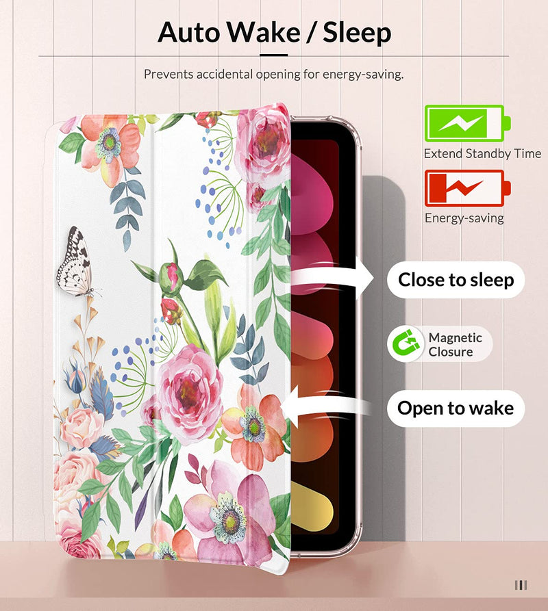  [AUSTRALIA] - MoKo Case Fit New iPad Mini 6 2021 (6th Generation 8.3 inch), Soft TPU Translucent Frosted Back Cover Slim Smart Shell Stand Folio Case for iPad Mini, Auto Wake/Sleep, Fragrant Flowers