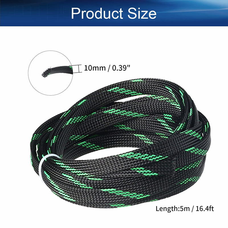  [AUSTRALIA] - Bettomshin 1Pcs Length 16.4Ft PET Braided Cable Sleeve, Width 10mm Expandable Braided Sleeve for Sleeving Protect Electric Wire Electric Cable Black Fluorescent Green