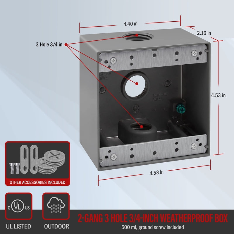  [AUSTRALIA] - ENERLITES Weatherproof Outlet Box with Three 3/4-in Threaded Outlets, Outdoor Electrical Box, 3 Holes 0.75” Each, 2-Gang, 4.53” Height x 4.53” Length x 2.16” Depth, EN2375 0.75 Inch