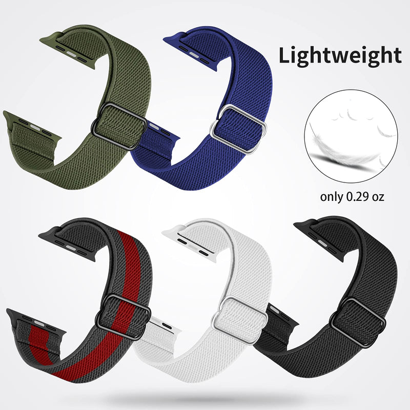 FEIYOLD 5 Packs Stretchy Solo Loop Bands Compatible with Apple Watch Bands 38mm 40mm 42mm 44mm for Women Men,Adjustable Sport Elastics Nylon Wristband Compatible with iWatch Series 6/5/4/3/2/1/SE Amy Green/Black/Blue/White/Red Black 38/40mm - LeoForward Australia