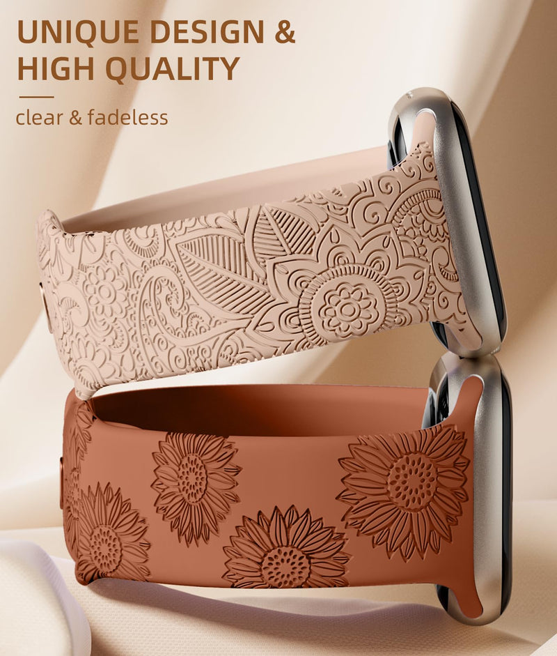  [AUSTRALIA] - Odbeai 2Pack Cute Fancy Engraved Bands Compatible for Apple Watch Band 40mm 41mm 38mm 42mm 44mm 45mm 49mm Women, Soft Silicone Strap for iWatch Bands All Series 8 7 6 5 4 3 2 1 SE Ultra, Multi-pattern B-Milk Tea+Caramel 38mm/40mm/41mm