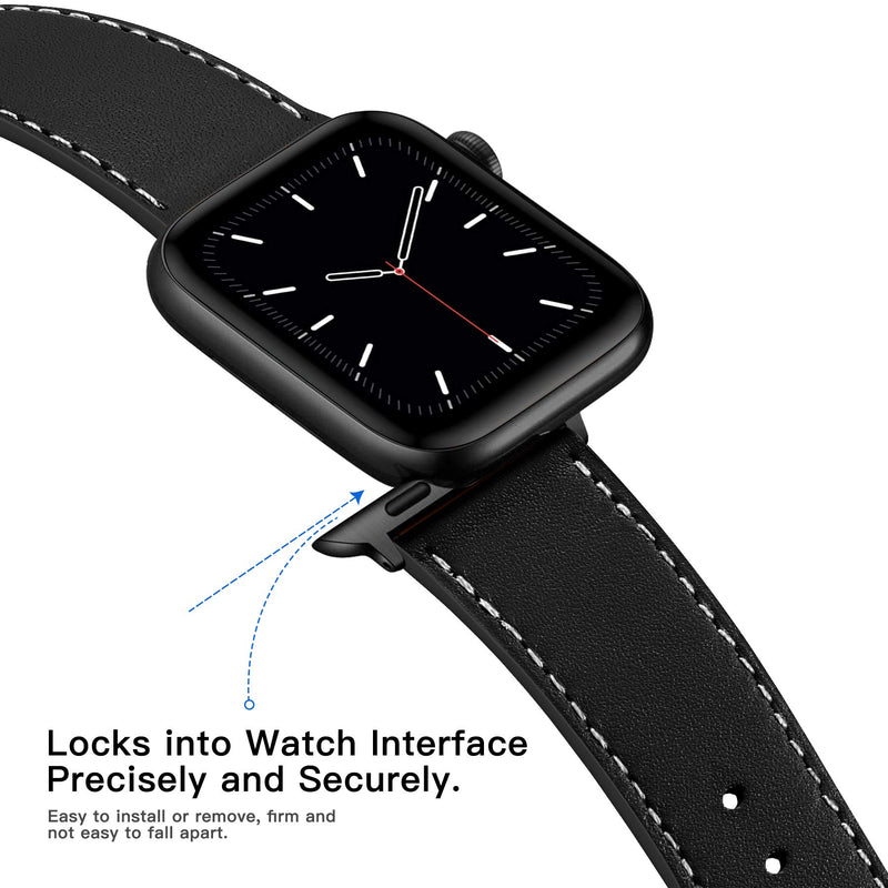 Marge Plus Compatible with Apple Watch Band 38mm 40mm, Genuine Leather Replacement Band Compatible with Apple Watch SE Series 6 5 4 (40mm) Series 3 2 1 (38mm), Black Band/Black Adapter Black/Black 38mm / 40mm - LeoForward Australia