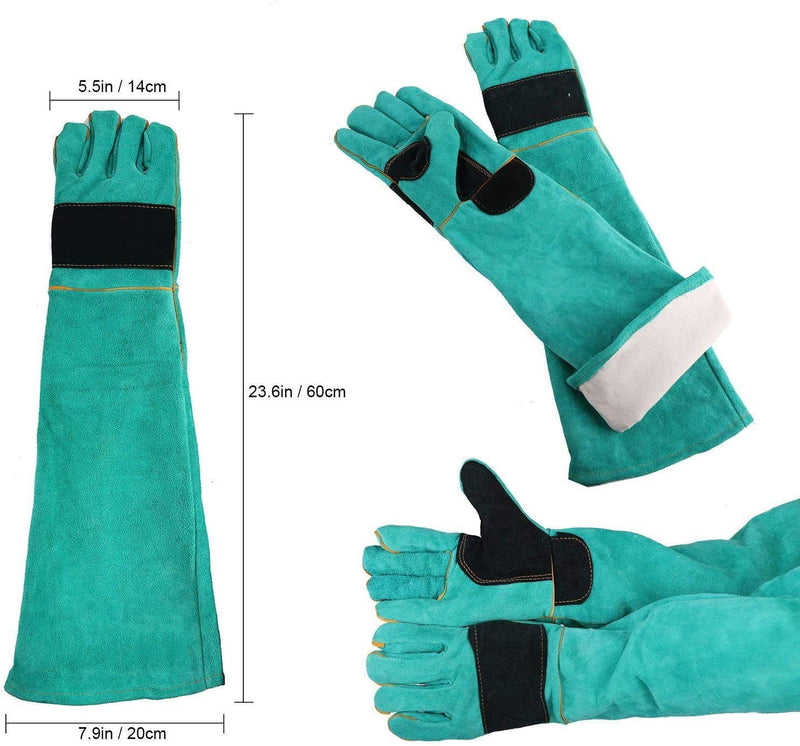  [AUSTRALIA] - AOWPFVV Animal Handling Gloves Bite Proof Leather for Dog,Cat Scratch,Falcon,Reptile,Snake,Long Welding Gloves Light Green