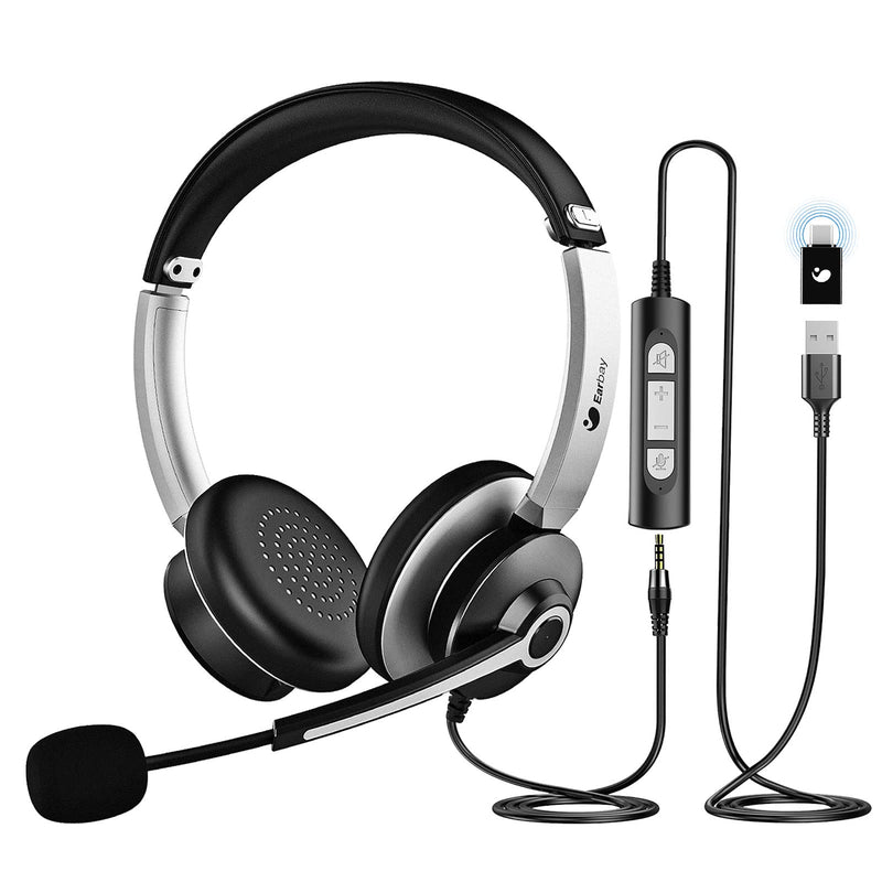  [AUSTRALIA] - USB Headset with Microphone for PC, Computer Wired Headset with Mic Noise Cancelling & Type-c Adapter, 3.5mm Headphones & in-line Control for Laptop Phone Home Office Online Meeting Skype Zoom