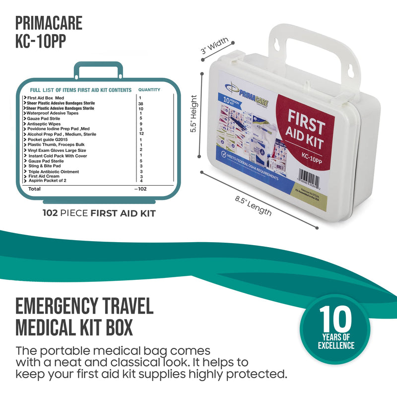 [AUSTRALIA] - Primacare KC-10PP 10 Person Compact First Aid Kit, 8"x5"x3", with 102 Pieces Emergency Medical Supplies, Portable Kits for Home, School and Office, Wall Mount, White