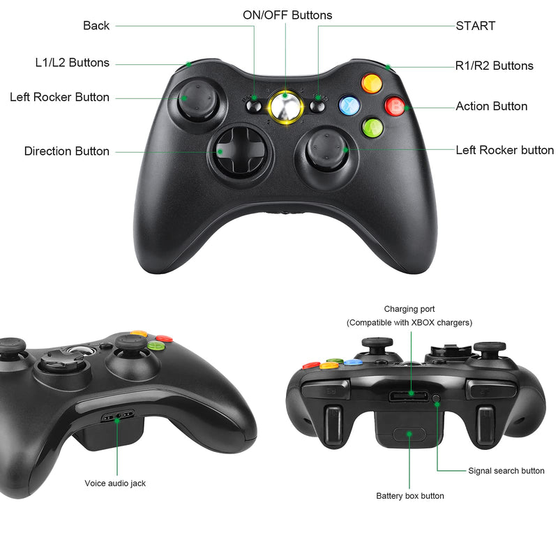  [AUSTRALIA] - JAMSWALL Xbox 360 Wireless Controller, Gamepad Joystick for Xbox 360 Slim&PC Windows 10/8/7 (Black)