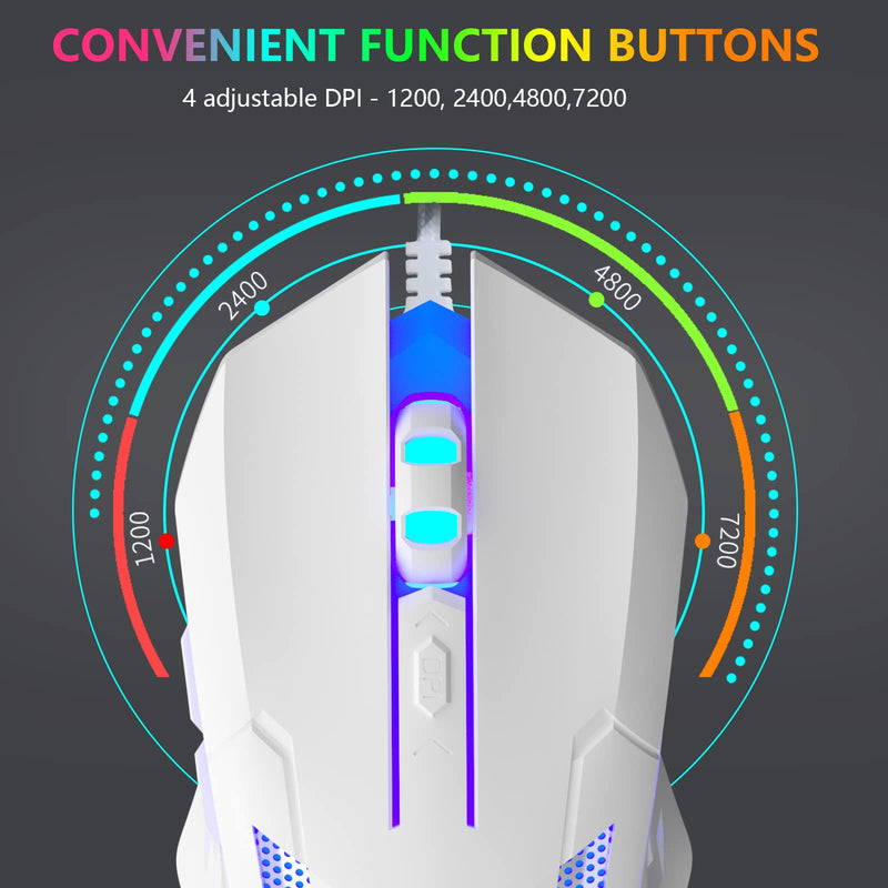  [AUSTRALIA] - FUWANG Wired Gaming Mouse, USB Computer Mouse with RGB Backlit, 7200 DPI Optical Sensor, Ergonomic Gamer Mouse with 6 Programmable Buttons for Windows/PC/Mac/Laptop Gamer White