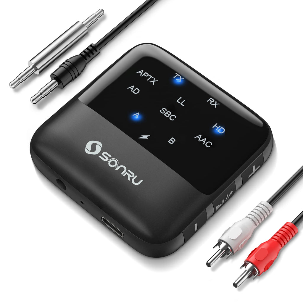  [AUSTRALIA] - SONRU Bluetooth 5.2 Transmitter Receiver, Bluetooth Audio Receiver, 2 in 1 Wireless Audio Bluetooth Adapter for Car/Headphones/Speaker/TV/PC, Pairs 2 Devices Simultaneously, APTX Low Latency Black-1