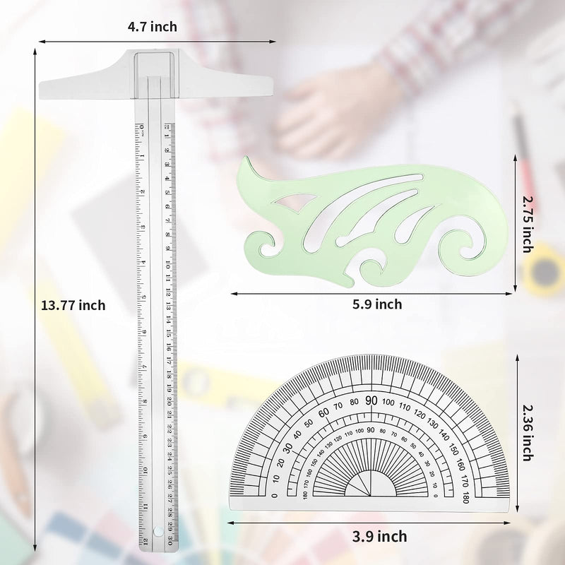  [AUSTRALIA] - 5 Pieces Drafting Tools Plastic Transparent Rulers Drawing Ruler 12 Inch T-Square 180 Degree Protractor, 2 Triangles and a French Curve for Students and Engineering Drawing