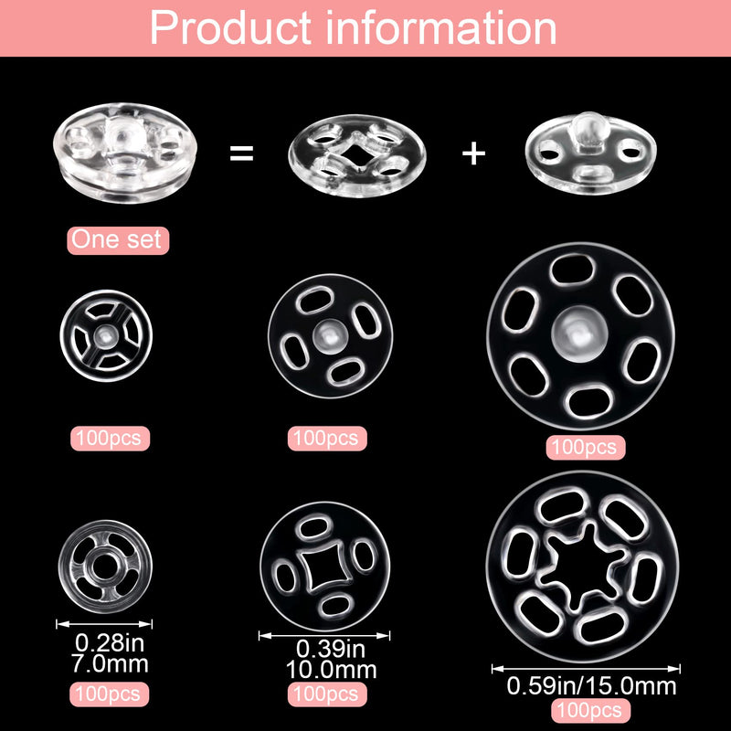  [AUSTRALIA] - PAGOW 300 Sets Plastic Snap Fasteners Buttons Kit, Invisible Snaps for Sewing 7 mm 10 mm 15 mm Diameter Round Buttons, Clear Press Button for Shirts, Clothing, DIY Craft, Baby Bibs, QL2896-M