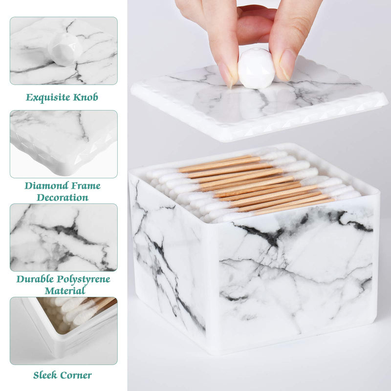  [AUSTRALIA] - MoKo Q-Tip Holder, Cotton Buds Swabs Balls Pads Dispenser Container Canister with Lid, Beauty Supplies Organizer Jewelries Box for Bathroom Bedroom Dresser Counter-top – White Marble