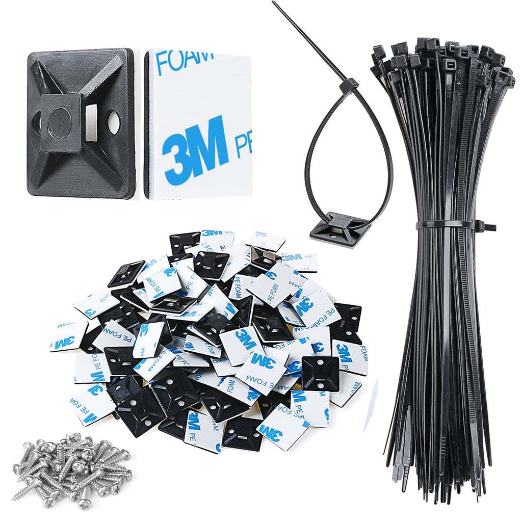  [AUSTRALIA] - XHF 3/4" Strong Back-Glue Self Adhesive Black Cable Zip Tie Mounts 100pcs with 8" Zip Ties, Screws, UV Protection Outdoor Sticky Wire Fasteners Cable Clips Management Anchors Organizer Holders Squares 100 Piece