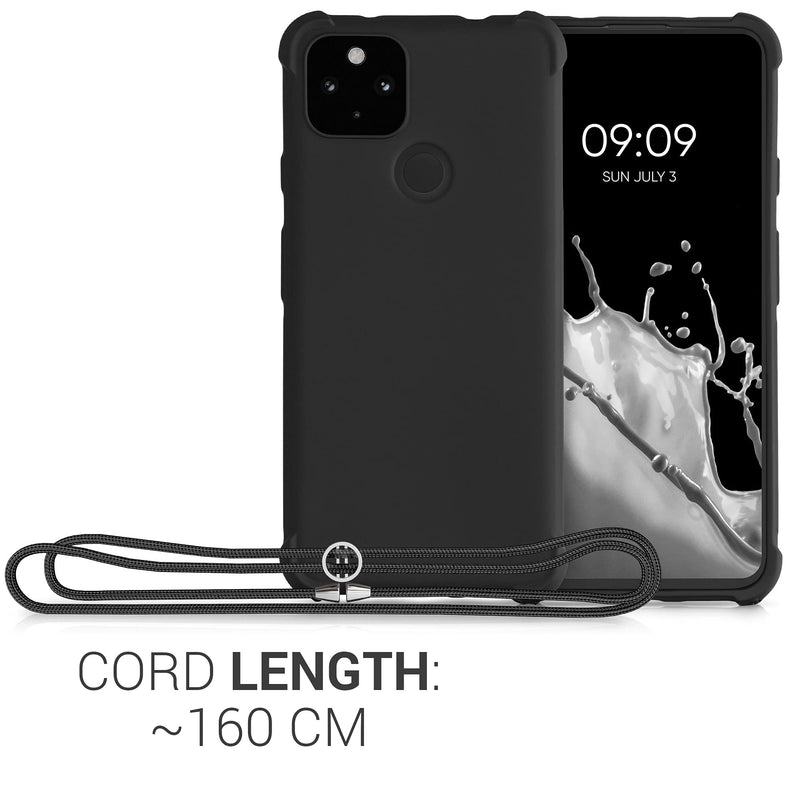  [AUSTRALIA] - kwmobile Case Compatible with Google Pixel 5a 5G - Crossbody Case Soft Matte TPU Phone Holder with Neck Strap - Black