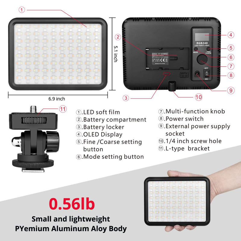  [AUSTRALIA] - RGB Video Light Panel, Portable LED Camera Light for YouTube TikTok Vlog, Rechargeable Video Light with Charger, 360° Full Color 12 Light Effects, CRI 97 + Dimmable 2500K-8500K (Battery Not Included) RGB240