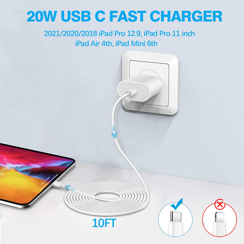  [AUSTRALIA] - iPad Pro Charger [Apple Mfi Certified] 20W USB C Charger with 10ft USB C to C Charging Cable for iPad Pro 12.9, iPad Pro 11 inch 2022/2021/2020/2018, iPad Air 5th/4th Generation, iPad 10, iPad Mini 6 White
