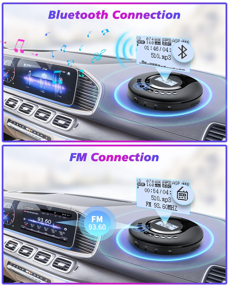  [AUSTRALIA] - CD Player Portable ARAFUNA, Portable CD Player Bluetooth with FM Radio, 2000mAh Rechargeable CD Player for Car with LCD Screen, Anti Shock Protection Walkman CD Player with Headphone, AUX Cable Black