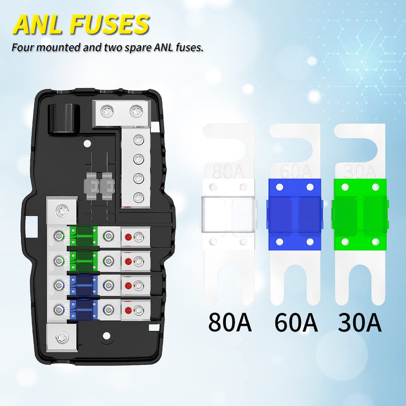  [AUSTRALIA] - Joinfworld Fused Power Distribution Block Car Audio 4 Way MIDI(Mini-ANL) Fuse Block 12V 0/4 Gauge with Ground for Auto UTV Boat Stereo Amp