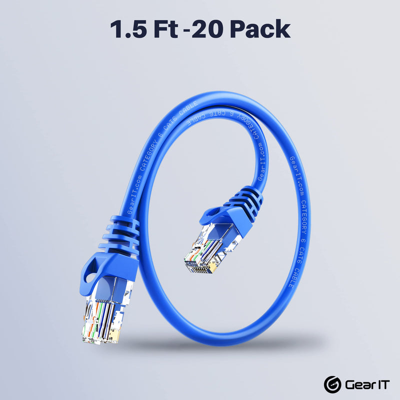 [AUSTRALIA] - GearIT 20-Pack Cat6 Patch Cable 1.5 Feet / 18 Inches Cat 6 Ethernet Cable Snagless Flexible Soft Tab - Preimum Series - Blue 1.5 Feet (20-Pack)