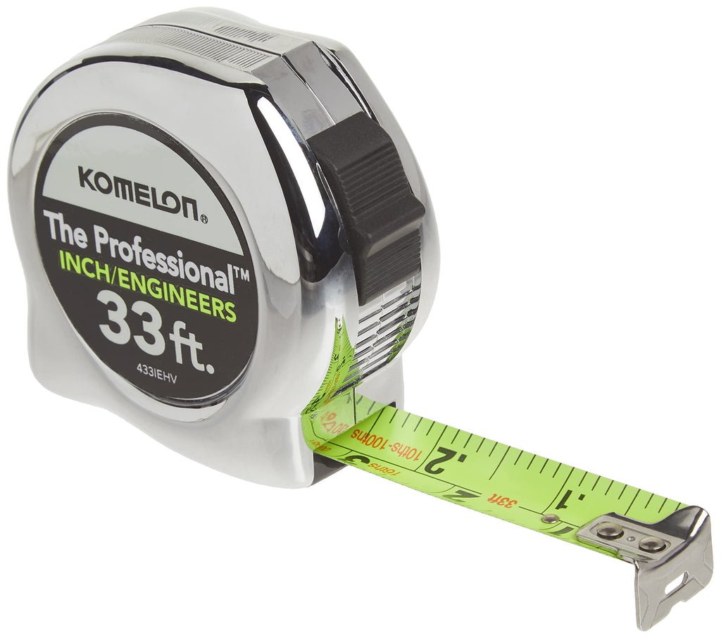  [AUSTRALIA] - Komelon 433IEHV High-Visibility Professional Tape Measure both Inch and Engineer Scale Printed 33-feet by 1-Inch, Chrome 33 FT