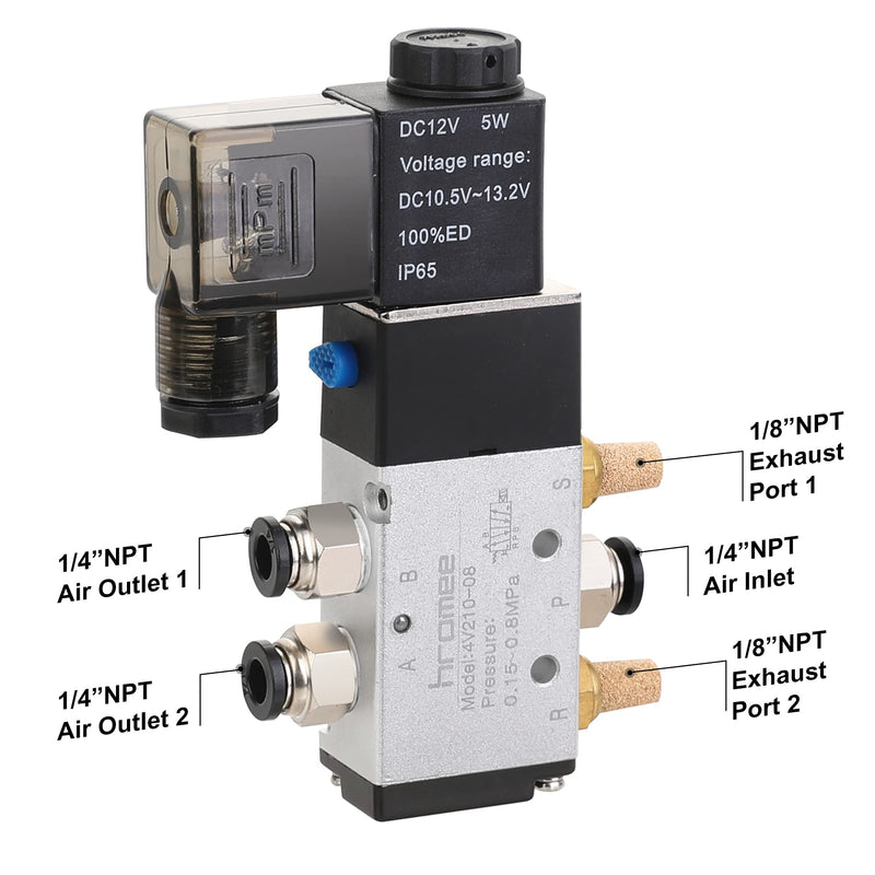  [AUSTRALIA] - Hromee Pneumatic Solenoid Valve 1/4-Inch NPT DC12V 2 Position 5 Way Normally Closed Electric Solenoid Air Valve