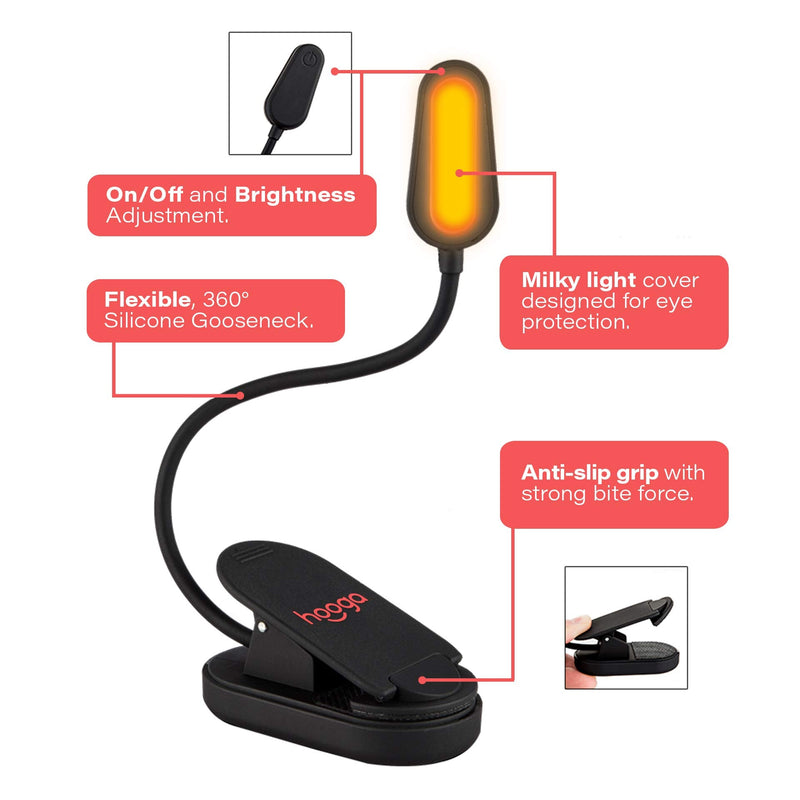  [AUSTRALIA] - Book Light, Amber, Rechargeable, Blue Light Blocking Clip-On LED Reading Light by Hooga. 3 Brightness. 1600K Temp. Eye Care Light for Strain-Free, Healthy Eyes. Gift for Students, Kids, Book Worms. Amber Light