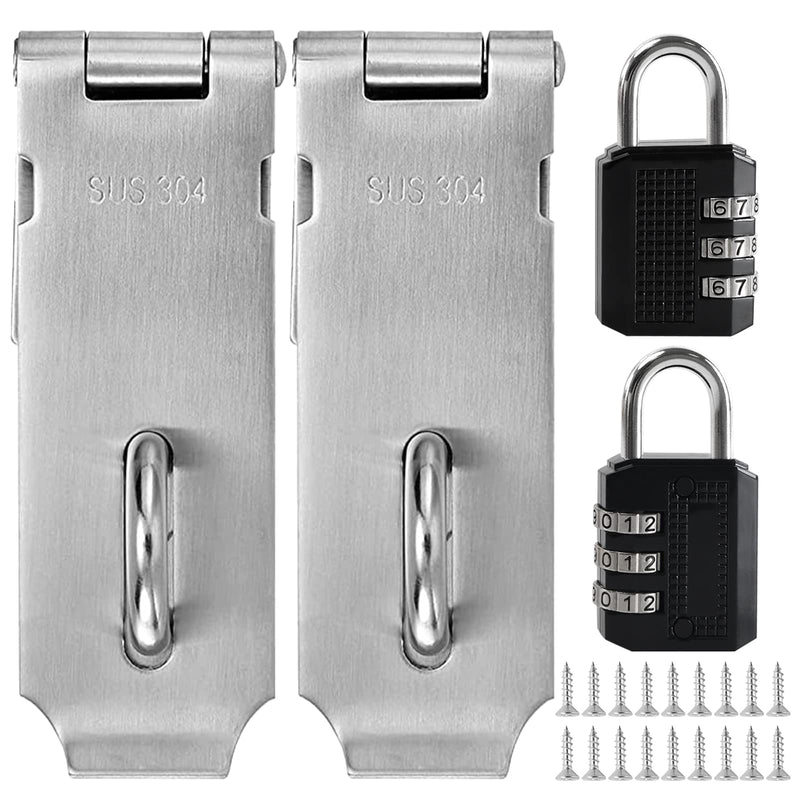  [AUSTRALIA] - 2 Pack Door Locks Hasp Latch 4Inch Stainless Steel Security Door Clasp Hasp Lock Latch with 3 Digit Padlock Combination Lock Outdoor Waterproof Safety Hasp Lock with 18Pcs Screws Brushed Finish