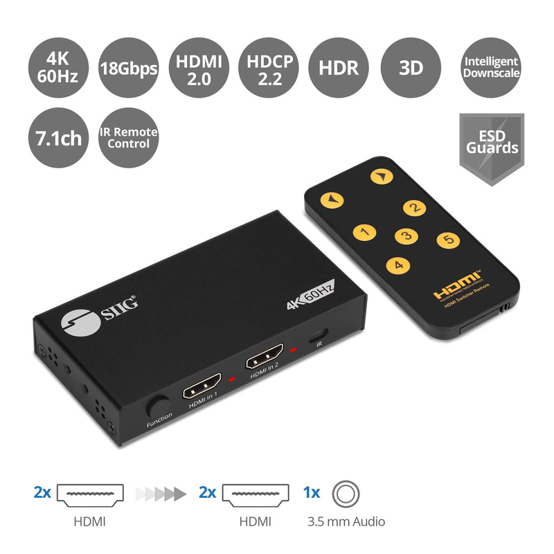  [AUSTRALIA] - SIIG 2x2 HDMI Splitter and Switch 4K 60Hz HDR, HDCP Bypass 2.2, EDID - Digital and PCM 7.1 Audio - IR Remote Control, 2 in 2 Out (CE-H26D11-S1)