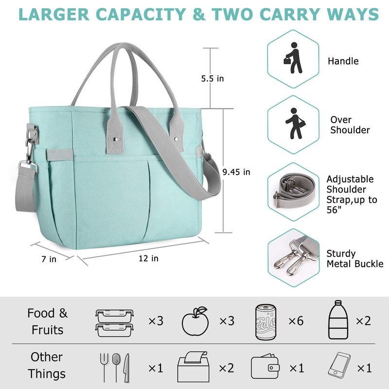 KIPBELIF Insulated Lunch Bags for Women - Large Tote Adult Lunch Box for Women with Shoulder Strap, Side Pockets and Water Bottle Holder, Aqua Green, Extra Large Size - LeoForward Australia
