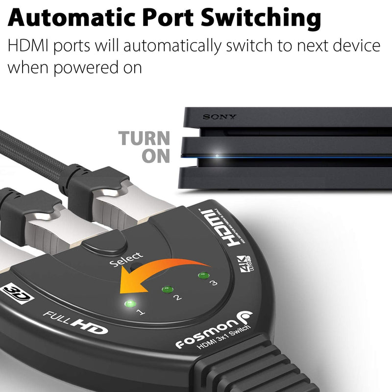  [AUSTRALIA] - Fosmon 3-Port 4K HDMI Switch, 3x1 Switcher (Automatic Switching) Support Ultra HD, HDCP, 4K HDMI Splitter Hub Compatible with Apple TV 4K PS5 Xbox Roku Fire TV Stick HDTV Chromecast