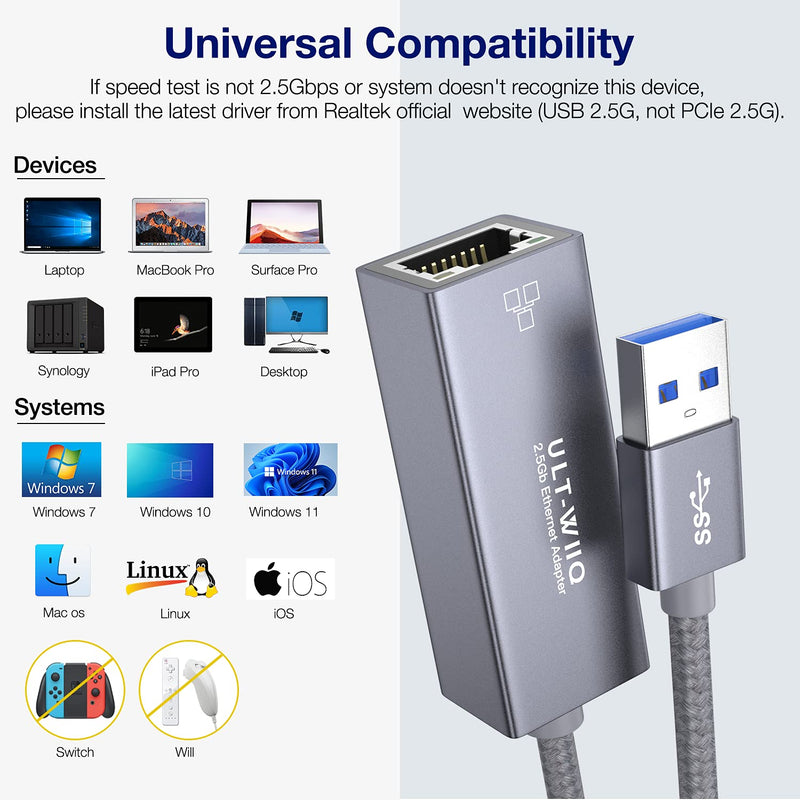  [AUSTRALIA] - USB 2.5Gb Ethernet Adapter, ULT-WIIQ USB 3.0 to 2.5 Gigabit RJ45 LAN Network Adapter Cable, 10/100/1000/2500M Full Speed NIC for Mac OS, iOS, Windows, Linux, Dell XPS, Thinkpad X, Synology NAS, PC