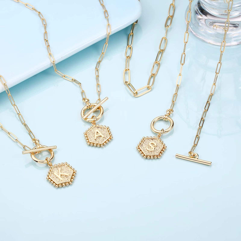 Layered Gold Initial Necklaces for Women, 14K Gold Plated Paperclip Link Chain Necklace Hexagon Letter Pendant Toggle Clasp Layering Necklaces for Women Gold Layered Initial Choker Necklaces for Women A - LeoForward Australia