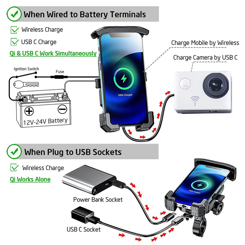  [AUSTRALIA] - iMESTOU Anti-Theft Motorcycle Wireless Phone Mount Charger 15W & USB C 3A Handlebar 1" Ball Stem Phone Holder Works with 12V/24V Vehicle/USB Socket 720 Rotation Quick Charge for 4.0-7.0" Cellphones Double Socket Arm-Wireless & USB C Charge