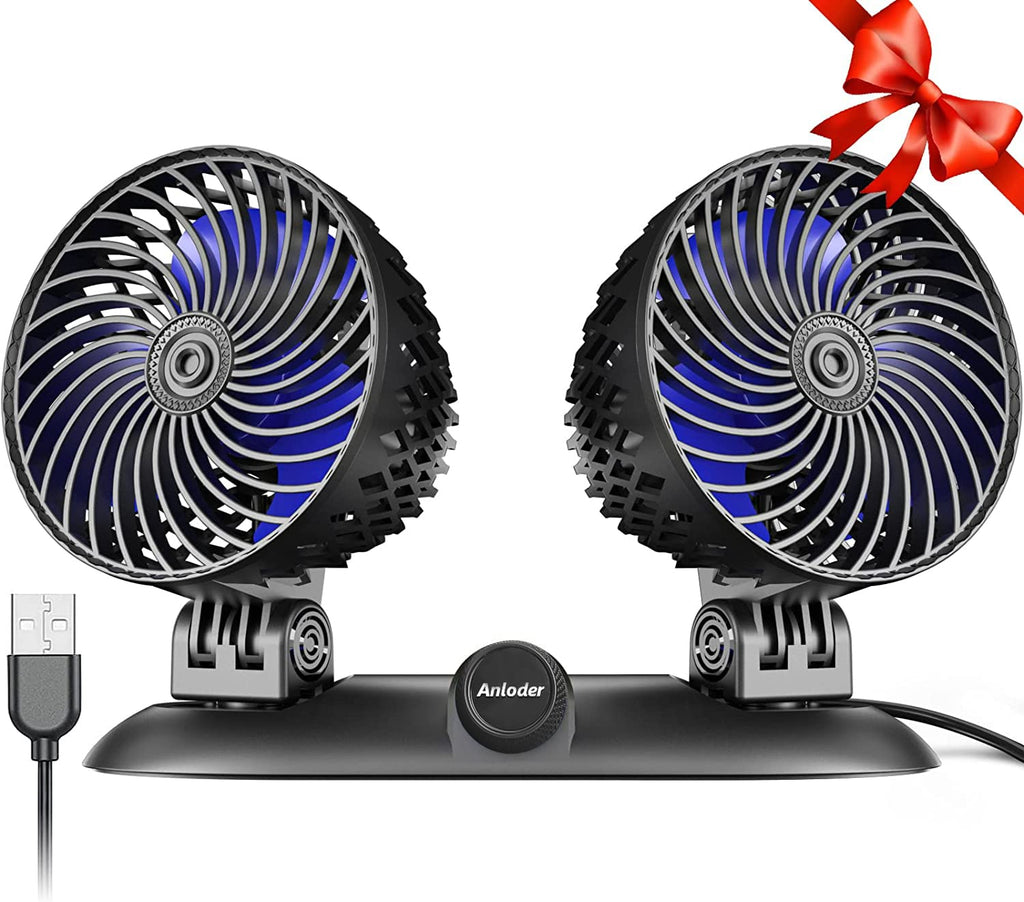  [AUSTRALIA] - Anloder USB Fan for Car, Car Fan with Variable Speed, Small Desk Dual Head Fan, Rotation Strong Wind, USB Personal Mini Fan for Dashboard SUV RV Truck Sedan Home office Desktop, Black Blue