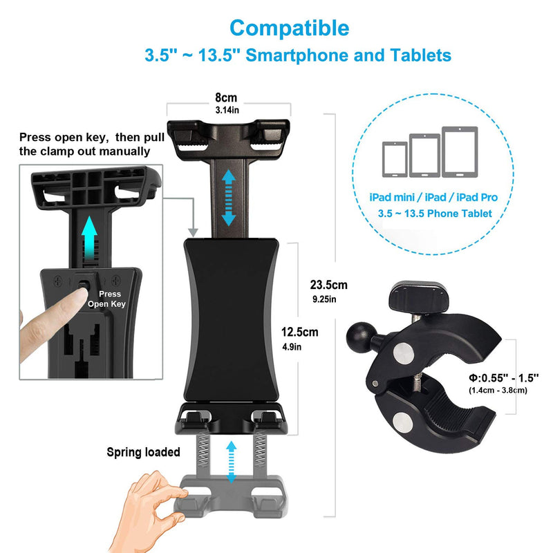  [AUSTRALIA] - Atoptek Ipad Mount Tablet Holder Stand Clamp for Exercise Bicycle Stationary Bike Treadmill Peloton Elliptical for iPad Pro 12.9 11 10.5 Air Mini Galaxy Tab, 3.5 to 13.5in Phone Tablets