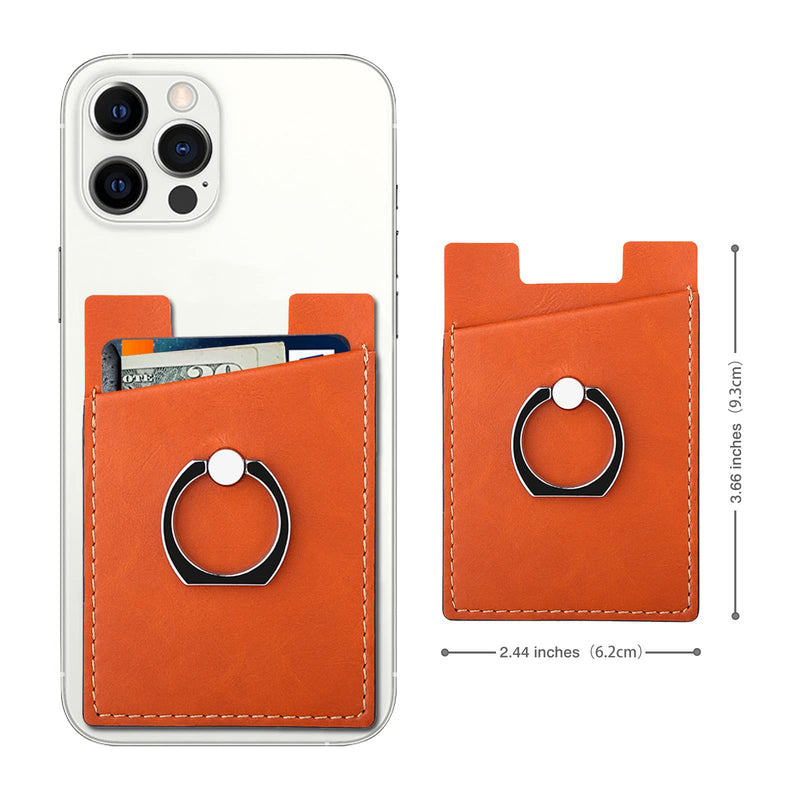  [AUSTRALIA] - Phone Card Holder with Phone Ring, Ring Wallets Combine a Finger Grip, Phone Ring Stand & Credit Card Sleeve into Thin Phone Wallets Stick On Universal to Any Cell Phone - Orange Leather