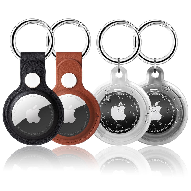  [AUSTRALIA] - 4 Pack AirTag Holder with Snap Keychain, Waterproof & Light Soft Apple Tag Holders, Leather Airtag Cover Compatible with Apple AirTags for Bags, Keys, Pets (Multi-Color) z/Black/Brown/Black/Clear