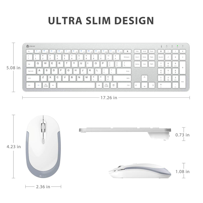  [AUSTRALIA] - iClever GK08 Wireless Keyboard and Mouse - Rechargeable Wireless Keyboard Ergonomic Full Size Design with Number Pad, 2.4G Stable Connection Slim White Keyboard and Mouse for Windows, Mac OS Computer silver