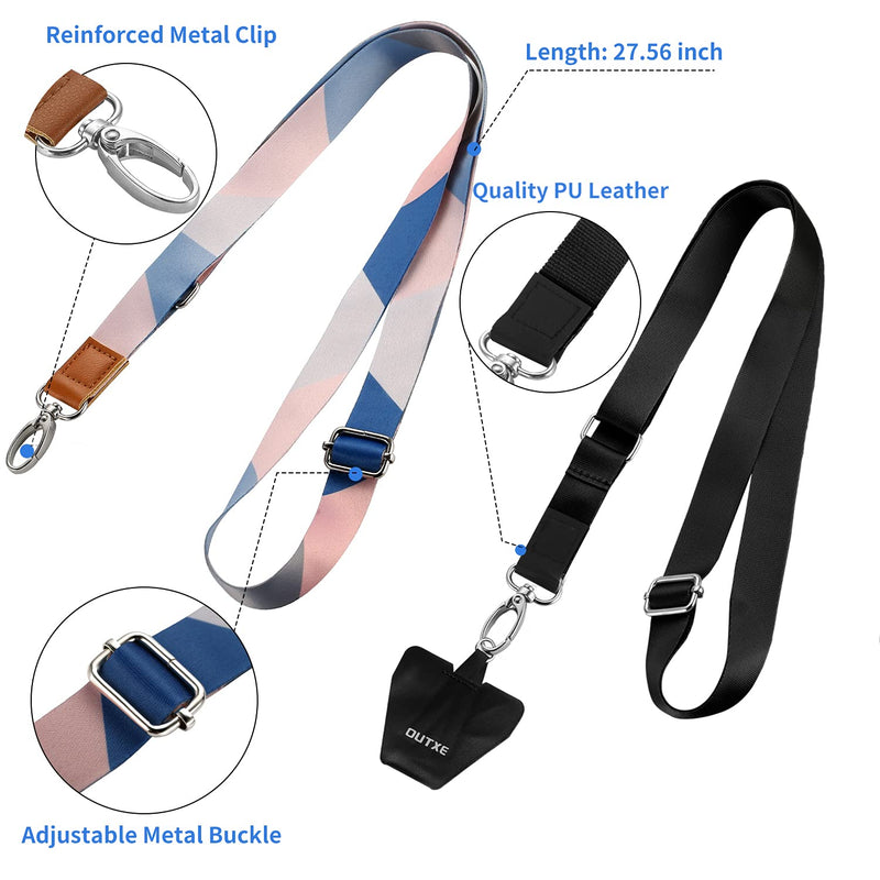  [AUSTRALIA] - OUTXE Phone Lanyard- 2-Pack Adjustable Neck Strap, 4× Pad with Adhesive, Nylon Cell Phone Lanyard Compatible with All Smartphone Black + Blue Stripes