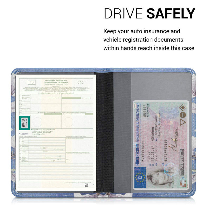  [AUSTRALIA] - kwmobile Registration and Insurance Holder - Car Document Holder for Vehicle Documents and Cards - PU Leather with Design - Magnolias Taupe/White/Blue Grey