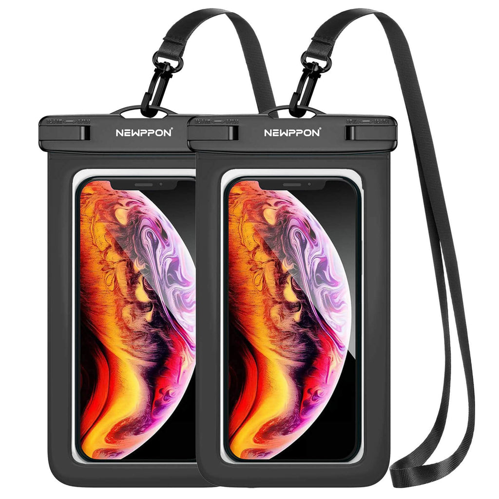  [AUSTRALIA] - Newppon Waterproof Cell Phone Pouch : 2 Pack Water Proof Dry Bag Case with Neck Lanyard - Underwater Universal Clear Cellphone Holder Large Protector for iPhone Samsung Galaxy for Beach Pool Swimming Black & Black