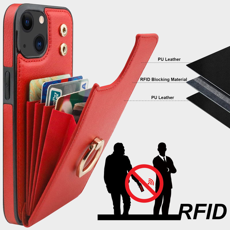  [AUSTRALIA] - Folosu Compatible with iPhone 13 Case Wallet with Card Holder, 360°Rotation Finger Ring Holder Kickstand Protective RFID Blocking PU Leather Double Buttons Flip Shockproof Cover 6.1 Inch Red