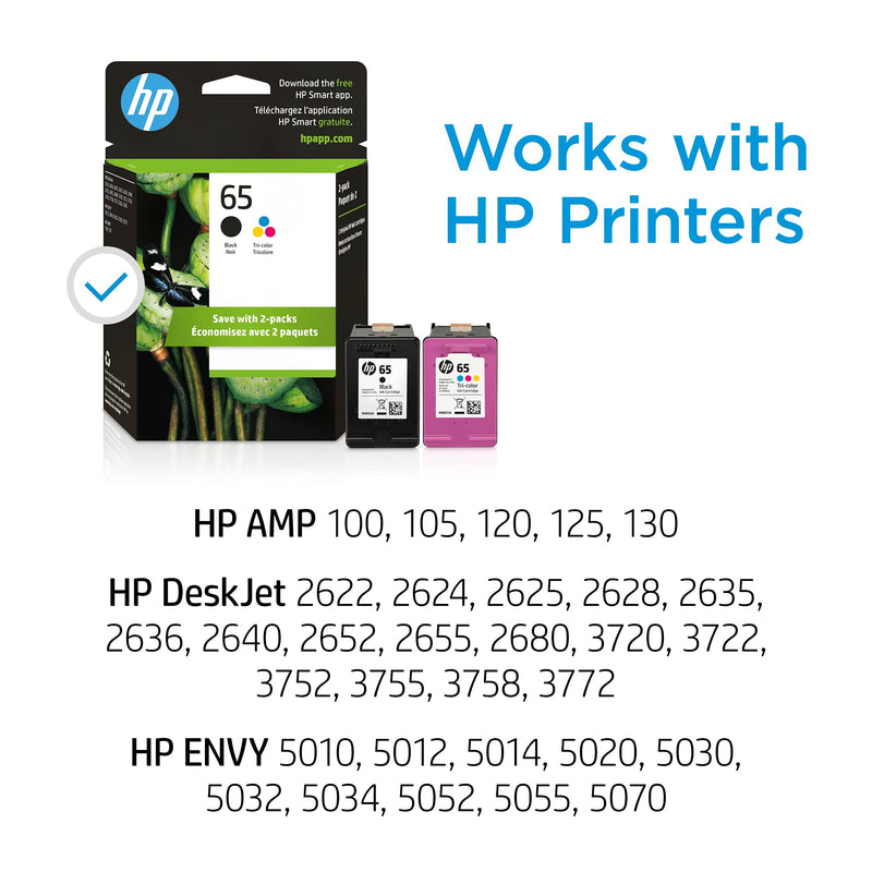  [AUSTRALIA] - Original HP 65 Black/Tri-color Ink Cartridges (2-pack) | Works with HP AMP 100 Series, HP DeskJet 2600, 3700 Series, HP ENVY 5000 Series | Eligible for Instant Ink | T0A36AN