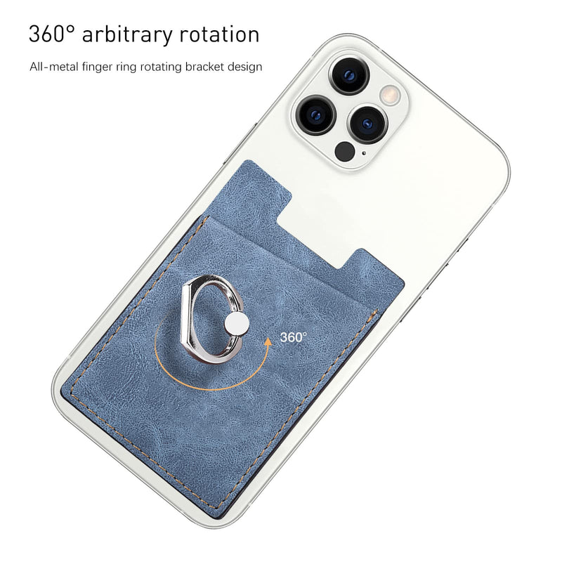  [AUSTRALIA] - Phone Card Holder with Phone Ring, Ring Wallets Combine a Finger Grip, Phone Ring Stand & Credit Card Sleeve into Thin Phone Wallets Stick On Universal to Any Cell Phone - Blue Leather