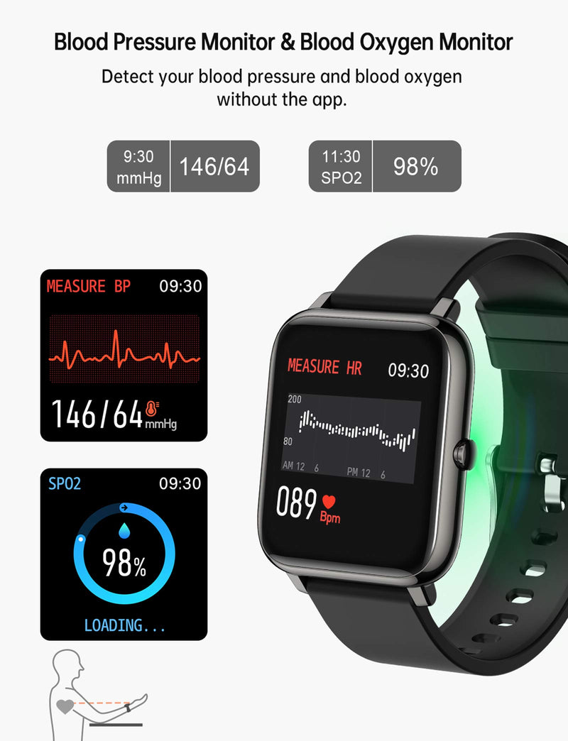  [AUSTRALIA] - Smart Watch, Popglory Smartwatch with Blood Pressure, Blood Oxygen Monitor, Fitness Tracker with Heart Rate Monitor, Full Touch Fitness Watch for Android & iOS for Men Women (Black) Black