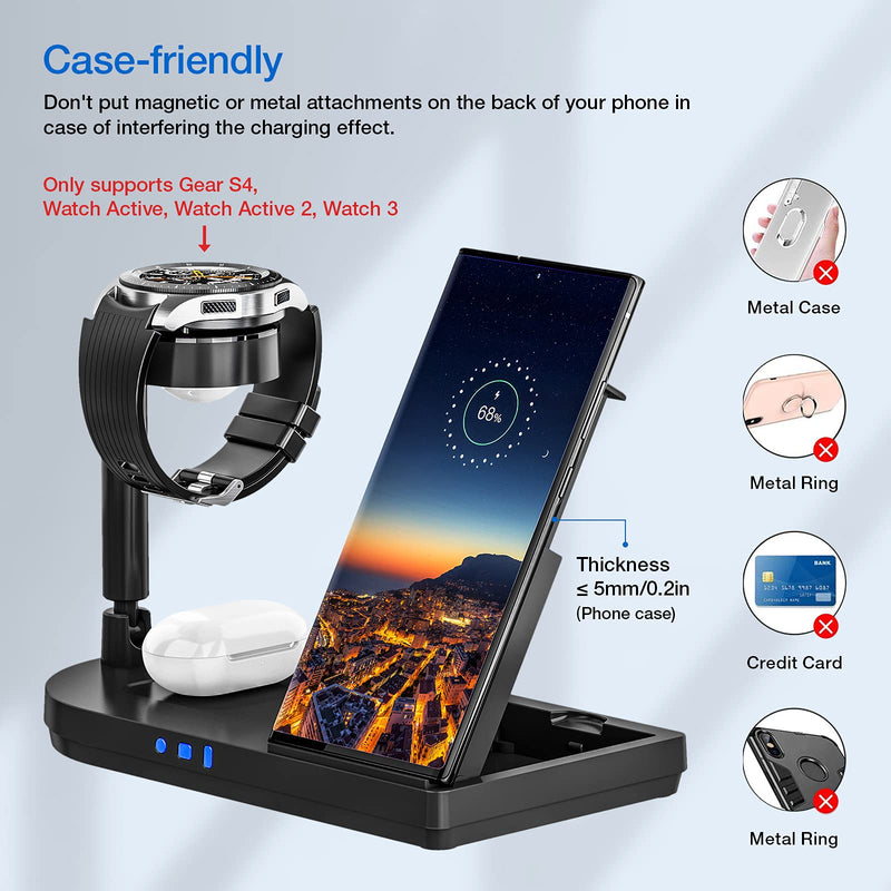  [AUSTRALIA] - Wireless Charger, Earteana 4 in 1 Wireless Charging Station Compatible with Samsung Galaxy Z Flip3/ S20/S10/Note7,Galaxy Buds,GS4/Watch Active,Support Qi-Enabled Phones,Foldable with Night Lamp Black